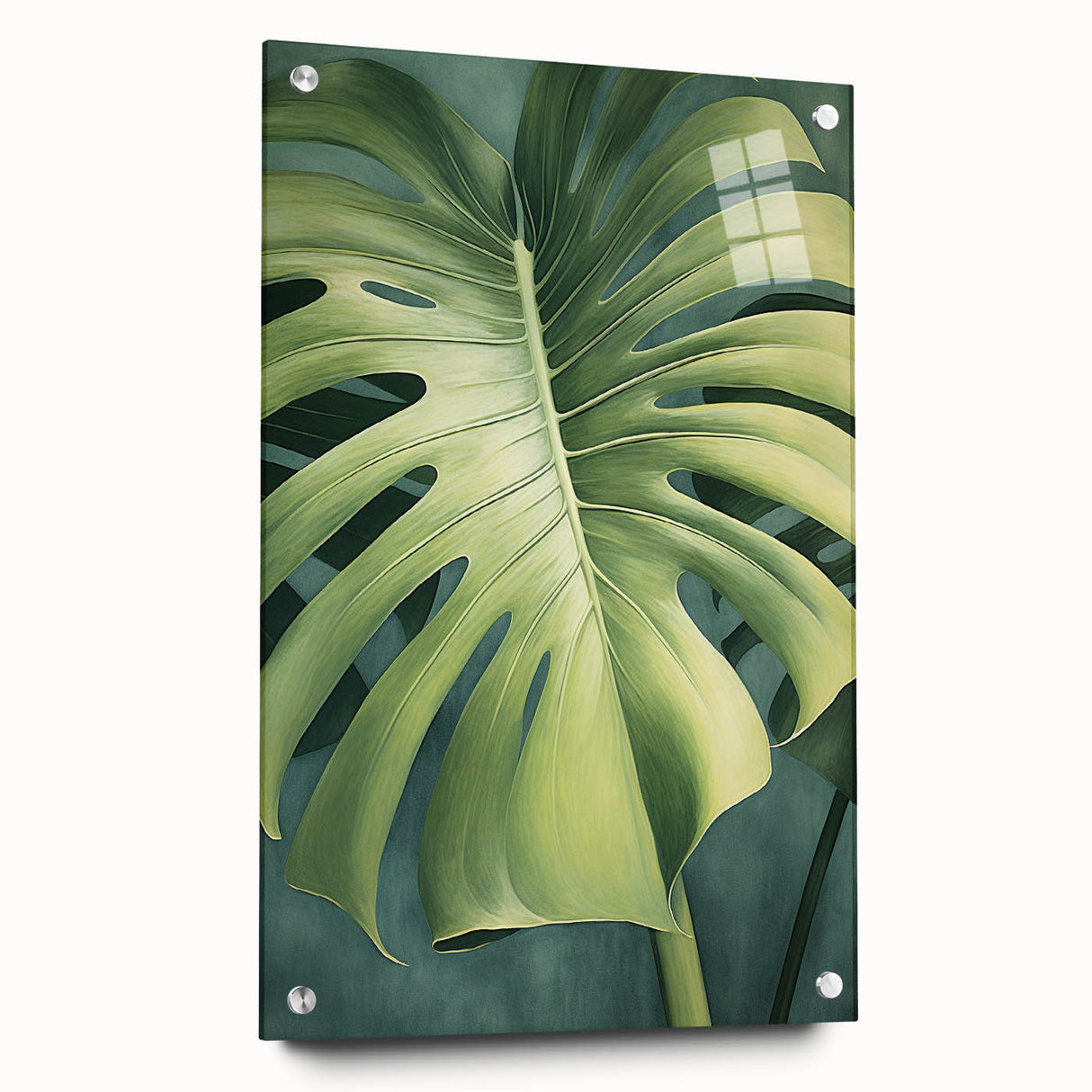 Side view of a modern acrylic glass wall art piece featuring vibrant floral and botanical designs, elegantly displayed with decorative pins on a neutral backdrop. Ideal for enhancing home decor with a touch of nature-inspired elegance.