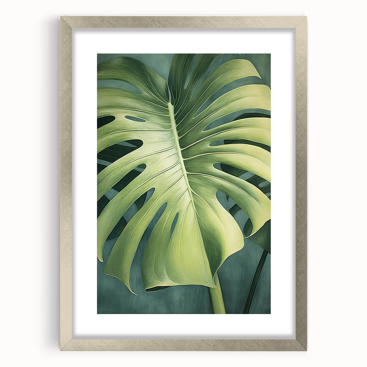 Framed wall art showcasing a floral and botanical design with green leaves on a white background, featuring a sleek silver frame and mat, ideal for home decor.