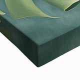 Close-up view of vibrant floral and botanical wall art on stretched canvas, showcasing rich colors and intricate details, perfect for home décor enhancement.