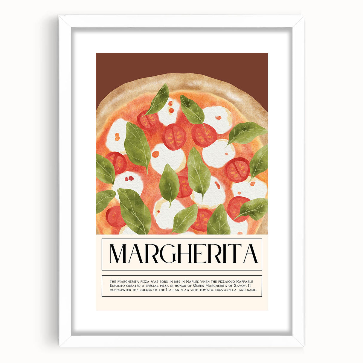 Abstract art print featuring assorted colorful food dishes on a white framed mat, suitable for dining room decor.