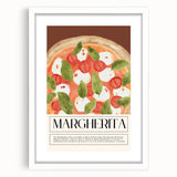 Abstract art print featuring assorted colorful food dishes on a white framed mat, suitable for dining room decor.