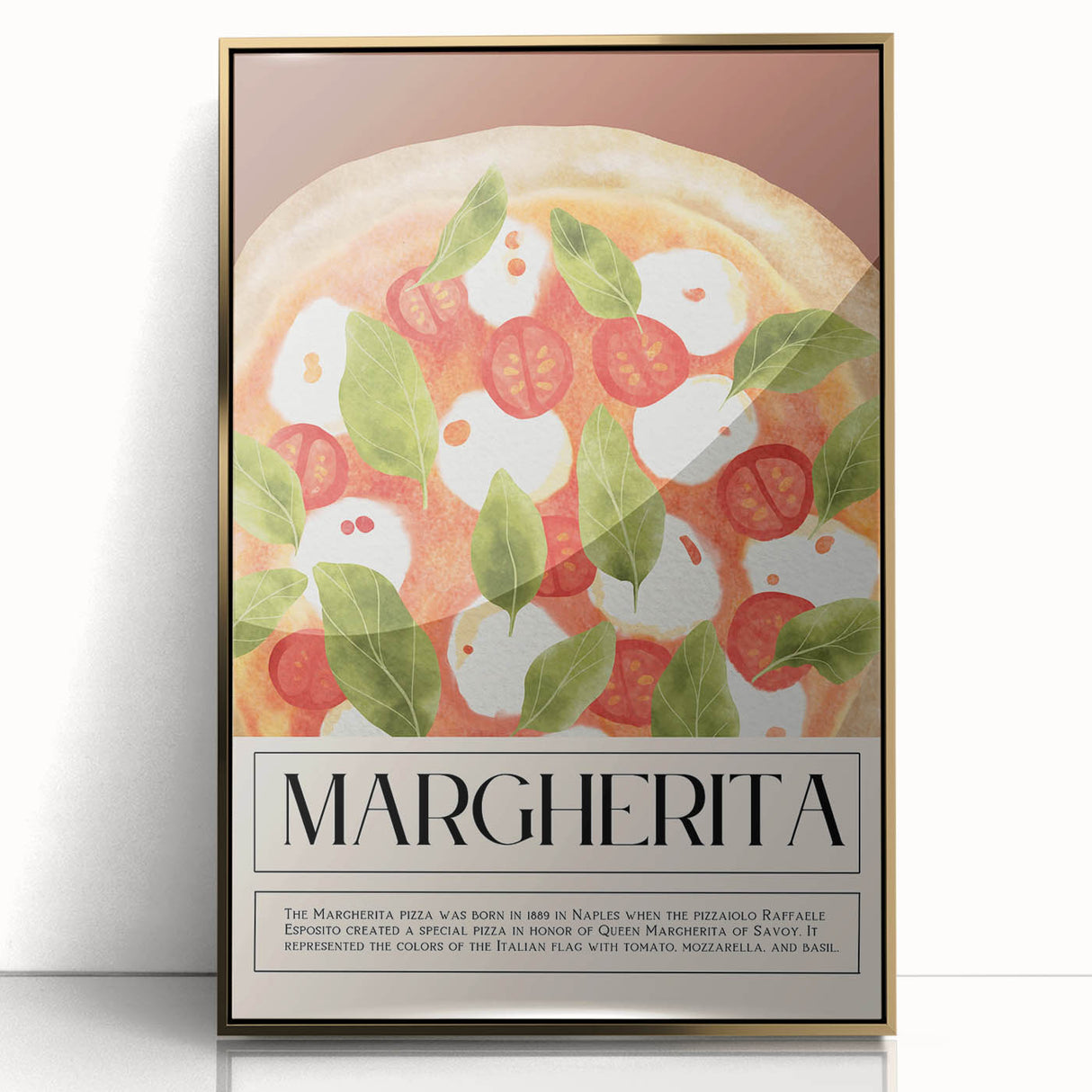Large art print of assorted food dishes in a mid-century modernist style, framed in acrylic with gold accents.