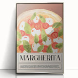 Mid-century modernist art of assorted food dishes in muted colors on a silver-framed acrylic print.