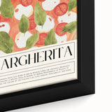 Close-up of a black framed canvas featuring colorful, textured depictions of various food dishes.