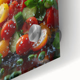 Large abstract wall art featuring assorted fruits in vibrant colors on acrylic glass, suitable for dining room decor.