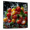 Acrylic print of large abstract wall art featuring assorted fruits in vibrant colors, ideal for dining room decor.