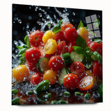 Large abstract wall art featuring an array of fruits in vibrant colors on acrylic glass.