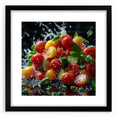 Extra large abstract art print featuring colorful, textured fruits on a black framed canvas, ideal for living room decor.