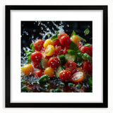 Extra large abstract art print featuring colorful, textured fruits on a black framed canvas, ideal for living room decor.