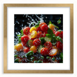 Extra large abstract art print of colorful fruits on textured canvas, framed in gold, ideal for living room decor.
