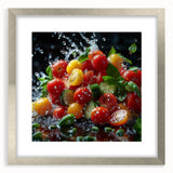Textured art depicting abstract fruits in vibrant colors, framed with a silver mat, suitable for bedroom decor.