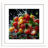 Abstract art print featuring assorted fruits in vibrant colors on a white framed canvas, ideal for dining room decor.