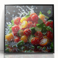 Large abstract wall art featuring assorted fruits in bold colors on a black acrylic frame, ideal for kitchen decor.