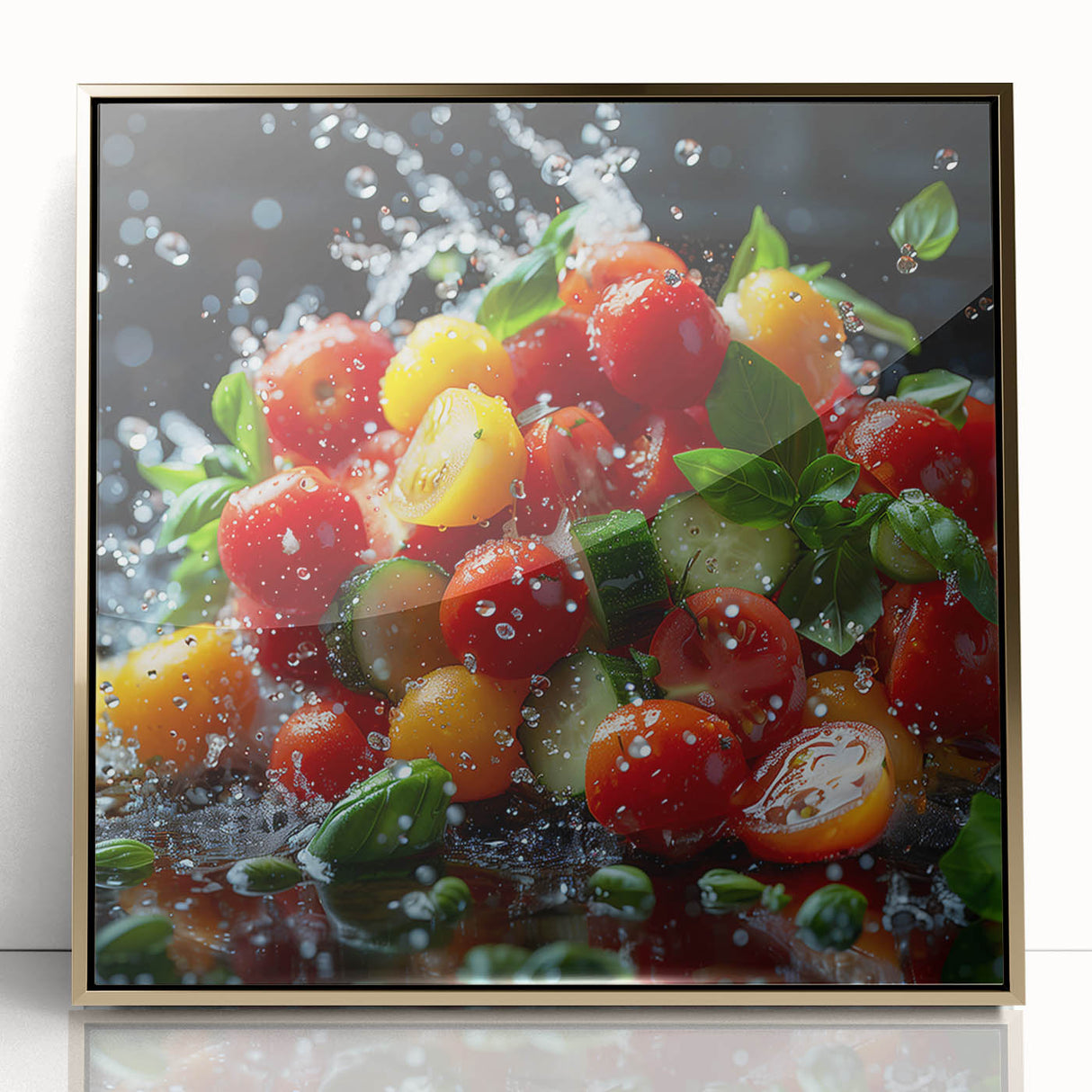Large art print of assorted fruits in a mid-century modernist style, framed in gold acrylic, suited for modern kitchen decor.