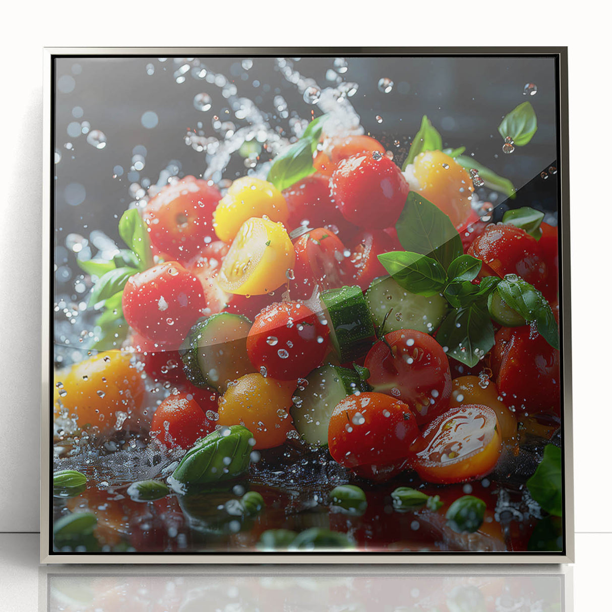 Mid-century modernist art featuring an array of colorful fruits on a silver framed acrylic, ideal for nursery wall art.