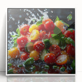 Acrylic print of colorful assorted fruits on a white background, ideal for modern kitchen wall decor.