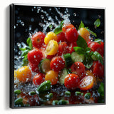 Black and white framed canvas featuring a vintage poster art style landscape with assorted fruits, ideal for bedroom decor.