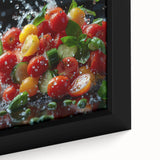 Extra large black wall art featuring a close-up of colorful, textured fruits on a framed canvas, ideal for living room decor.