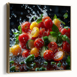 Framed canvas featuring a vintage poster of assorted fruits in silver and gold tones, ideal for bedroom wall art.