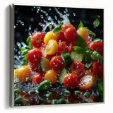 Framed canvas landscape art painting featuring a colorful array of fruits on a black background, ideal for kitchen wall art.