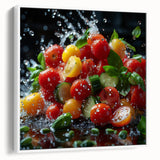 Vintage poster art of colorful fruits on a black background, framed canvas, ideal for living room decor.