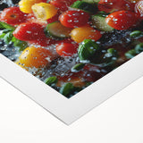 Art deco poster featuring an array of vibrant fruits on a rolled canvas, suitable for dining room decor.