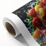 Art deco poster featuring an array of colorful fruits on rolled canvas, suitable for nursery wall art or dining room decor.