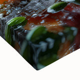 Close-up of a large black and white canvas featuring assorted fruits, ideal for bedroom wall art.