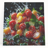 Large black and white stretched canvas of assorted fruits, ideal for kitchen wall art.