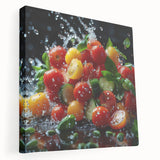 Large wall art on stretched canvas featuring a variety of colorful fruits, ideal for kitchen wall decor.