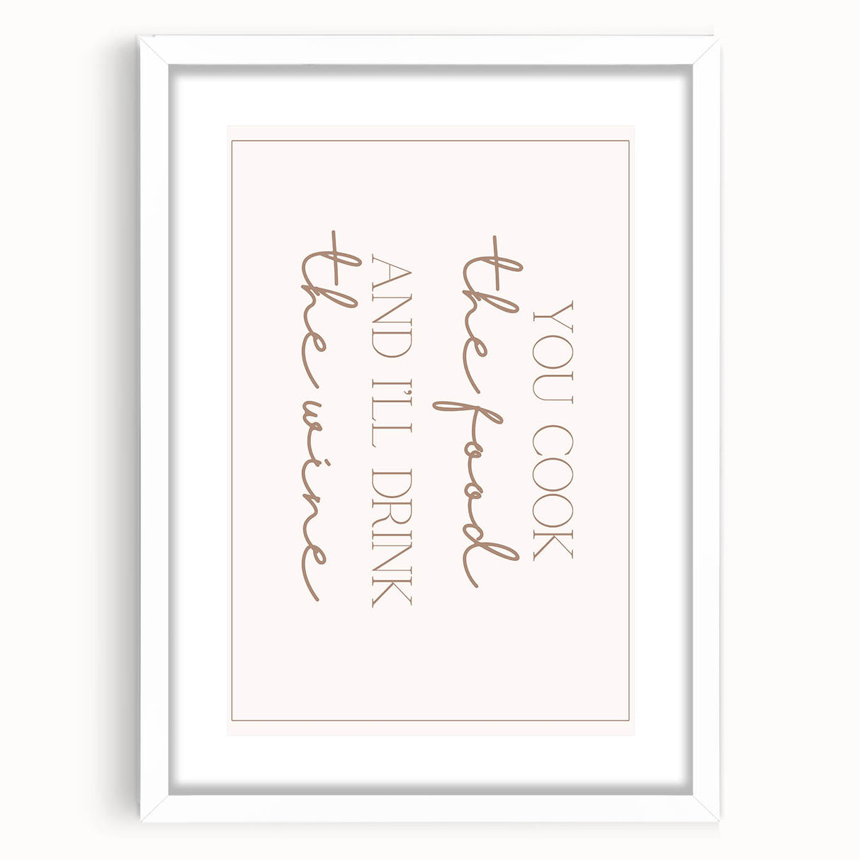Abstract art print featuring assorted culinary motifs in muted earth tones, framed with a white mat.