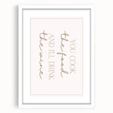 Abstract art print featuring assorted culinary motifs in muted earth tones, framed with a white mat.