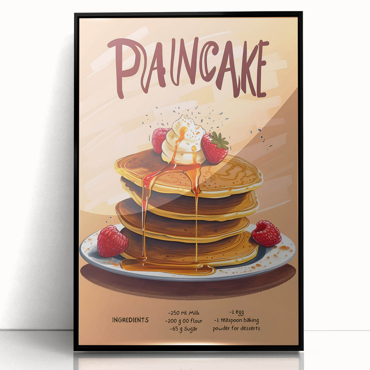 Large abstract wall art featuring assorted pastries in muted colors, framed in black acrylic, suitable for a modern kitchen.