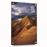 Acrylic glass artwork depicting a vibrant desert landscape, showcasing warm hues of orange and yellow with a detailed side view, mounted securely with pins.