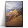 Framed acrylic artwork depicting a stunning desert landscape, showcasing vibrant colors and intricate details, presented in a sleek black frame. Perfect for modern decor.