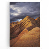 Desert landscape stretched canvas art showcasing vibrant hues of orange and blue, depicting a serene sunset over sand dunes, ideal for modern home decor.