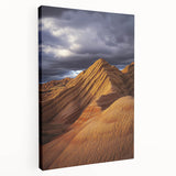 Stretched canvas artwork showcasing a vibrant desert landscape with warm tones of orange and yellow, perfect for enhancing modern home decor or office spaces.