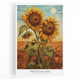 Impressionist painting by Van Gogh on stretched canvas featuring a swirling night sky in vibrant blue and yellow.