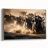 Vintage poster art of a Kenyan landscape on framed canvas, featuring colorful art with black accents.