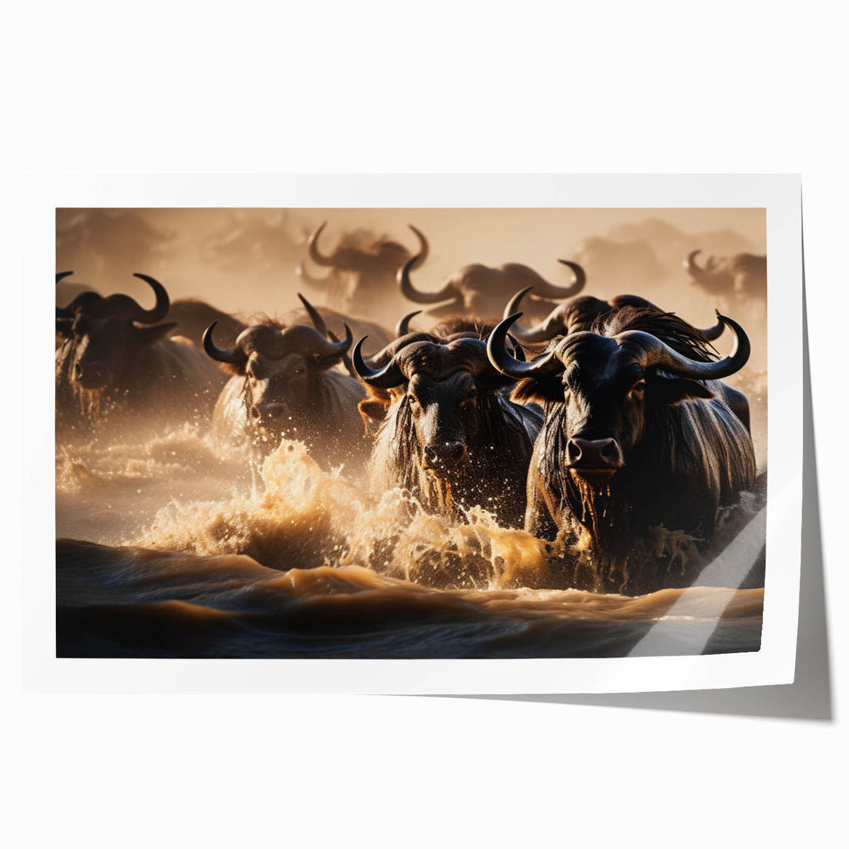 African savannah scene with elephants and acacia trees on a rolled canvas, in muted earth tones.