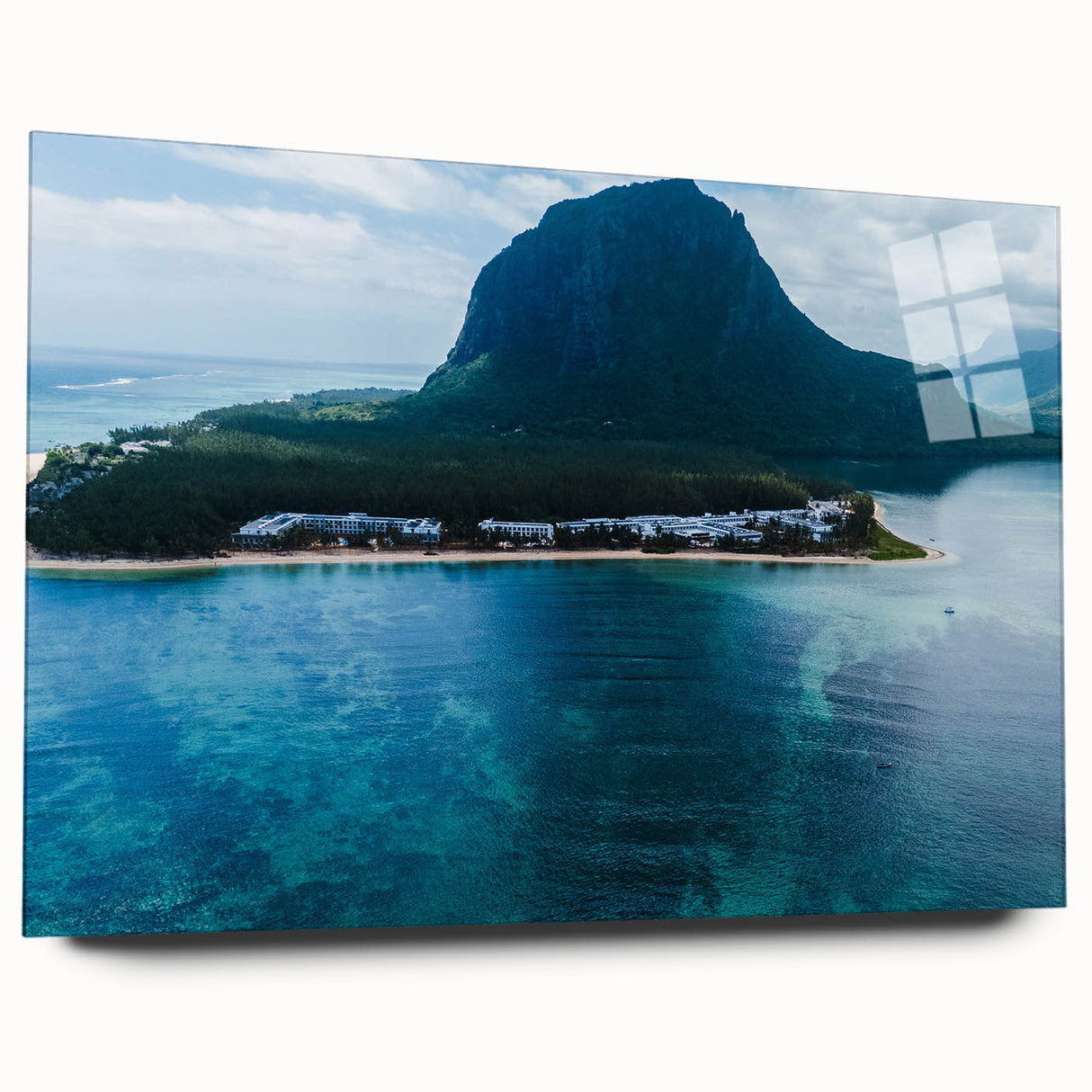 Large abstract wall art of a Mauritian landscape in muted blue and green tones on acrylic glass.