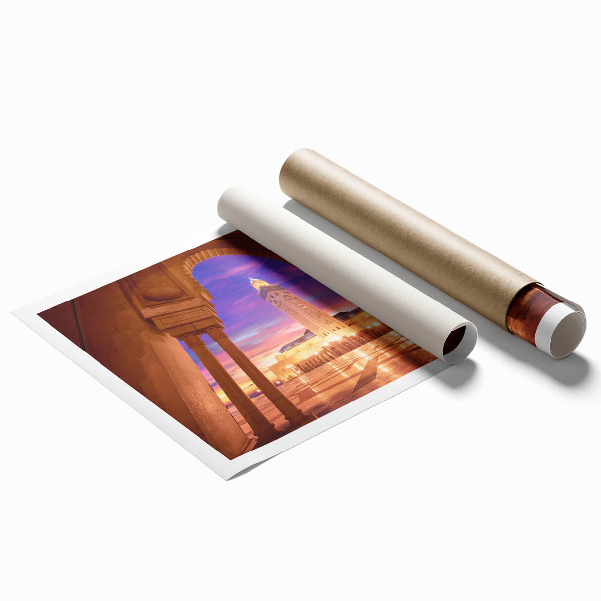 Extra large rolled print depicting a Moroccan scenery with vibrant floral elements, ideal for classy bathroom wall art.