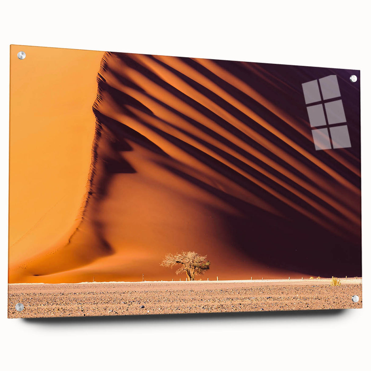 Abstract African landscape in muted earth tones on large acrylic glass, suitable for bedroom or dining room decor.
