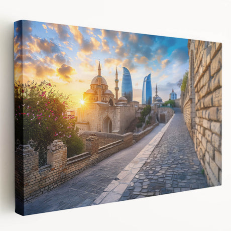 Side view of a stretched canvas featuring a serene Asian landscape in muted green and blue tones.