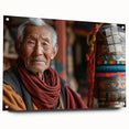 Large abstract wall art of an Asian Bhutan scenery on acrylic glass, in muted earth tones, ideal for dining room decor.