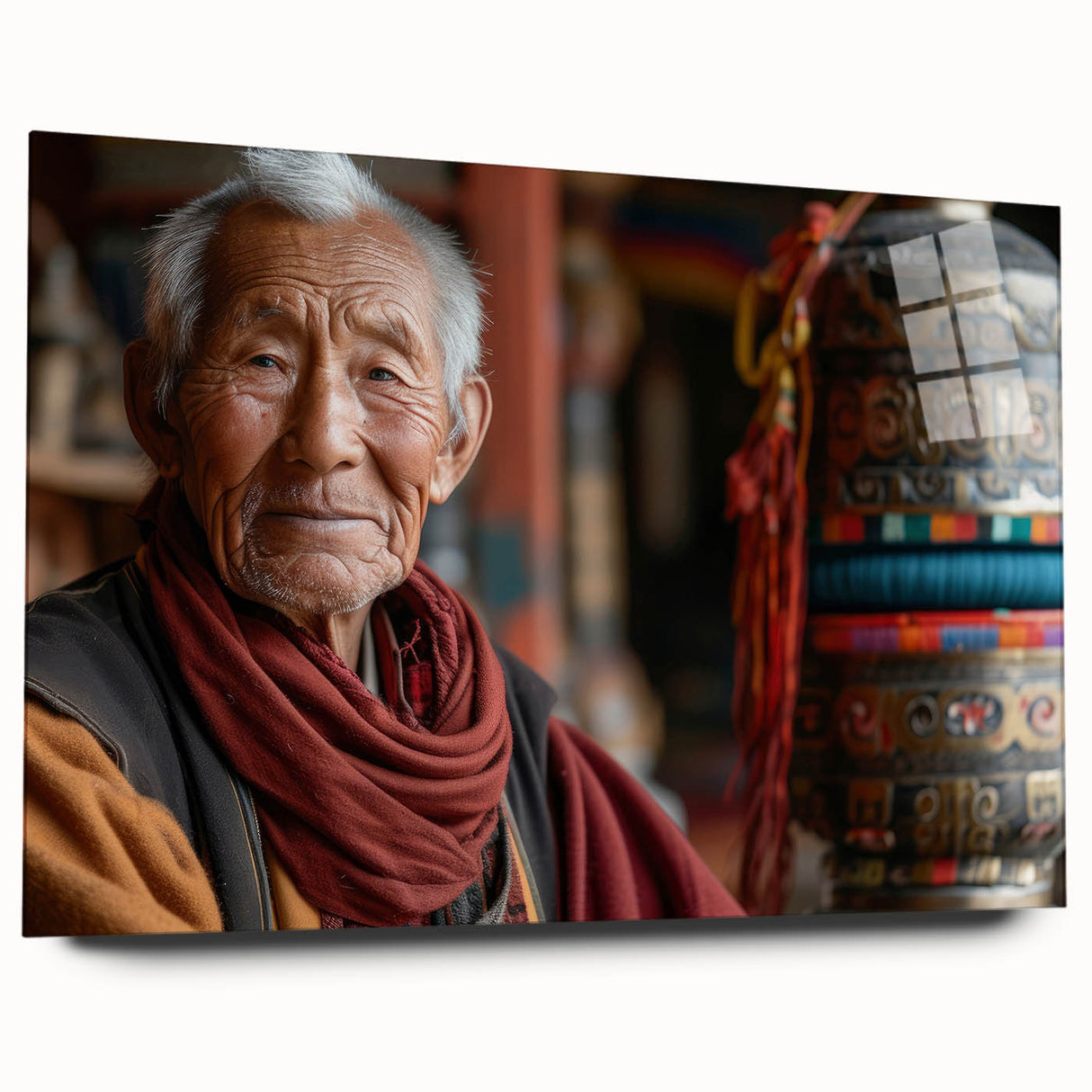 Large abstract wall art of Bhutan scenery in muted earth tones on acrylic glass, ideal for bedroom or dining room decor.
