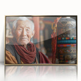 Large art print of a Bhutanese landscape in gold frame, acrylic, with mid-century modernist style.
