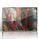 Mid-century modernist art depicting a serene Bhutanese landscape in muted earth tones on a silver-framed acrylic print.