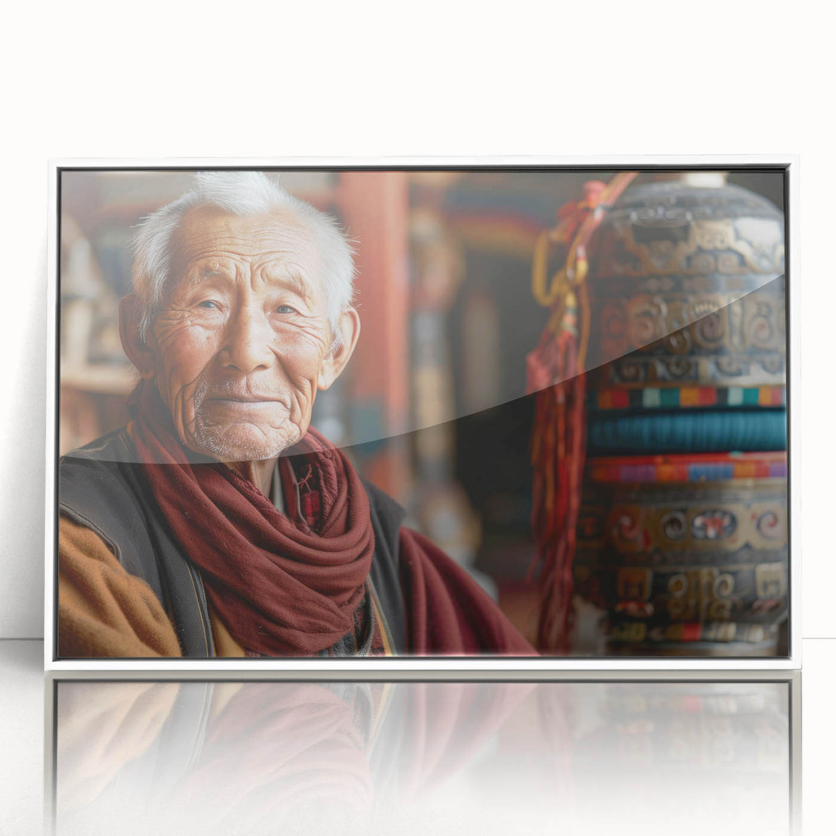 Framed acrylic print of a serene Bhutanese landscape in muted earth tones, ideal for modern art wall decor.