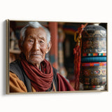 Framed canvas wall art featuring a vintage-style landscape painting of Bhutan in muted gold and black tones.
